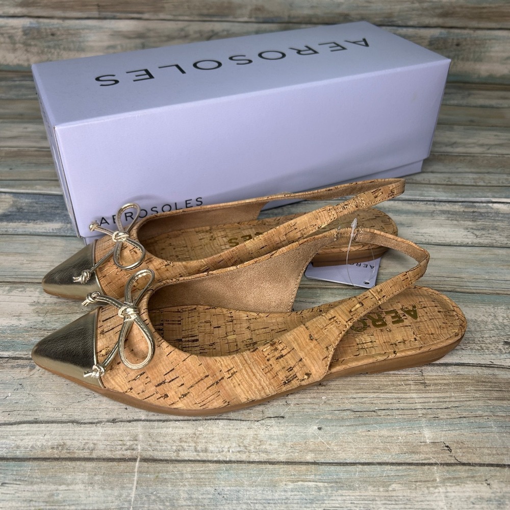 AEROSOLES Cork Slingback Flats with Metallic Gold Cap Toe and Bow Accent